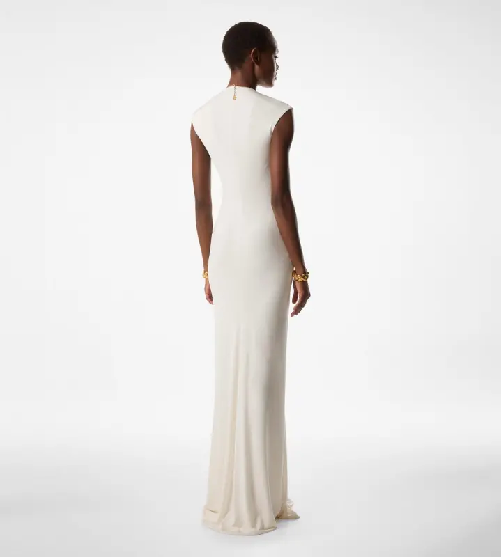 STRETCH SABLE' JERSEY DEEP V-NECK EVENING DRESS OFF WHITE online
